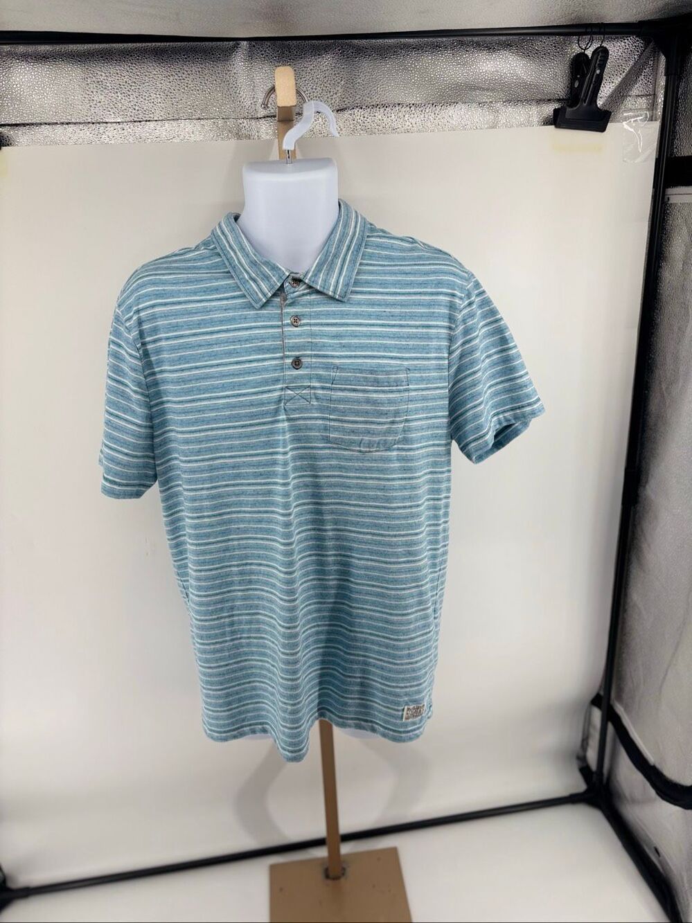 Flag & Anthem Striped Polo Shirt Mens Blue White Short Sleeve